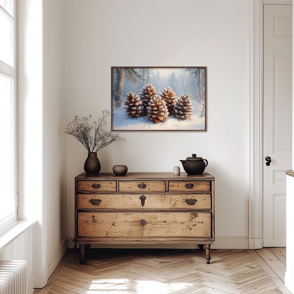 Snow Dust Pine Cones Winter Forest Moody Oil Painting Poster - Image 4