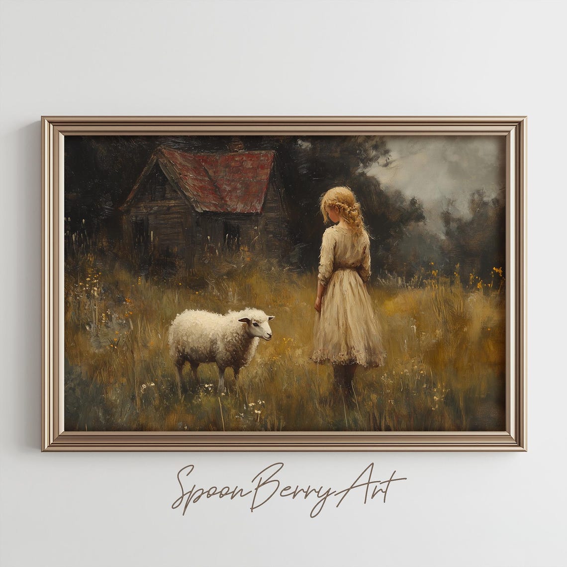 Sheep Girl Painting Vintage Country Wall Print Shepard Girl Print Wall Decor Antique Farm Wall Art Moody Painting Art