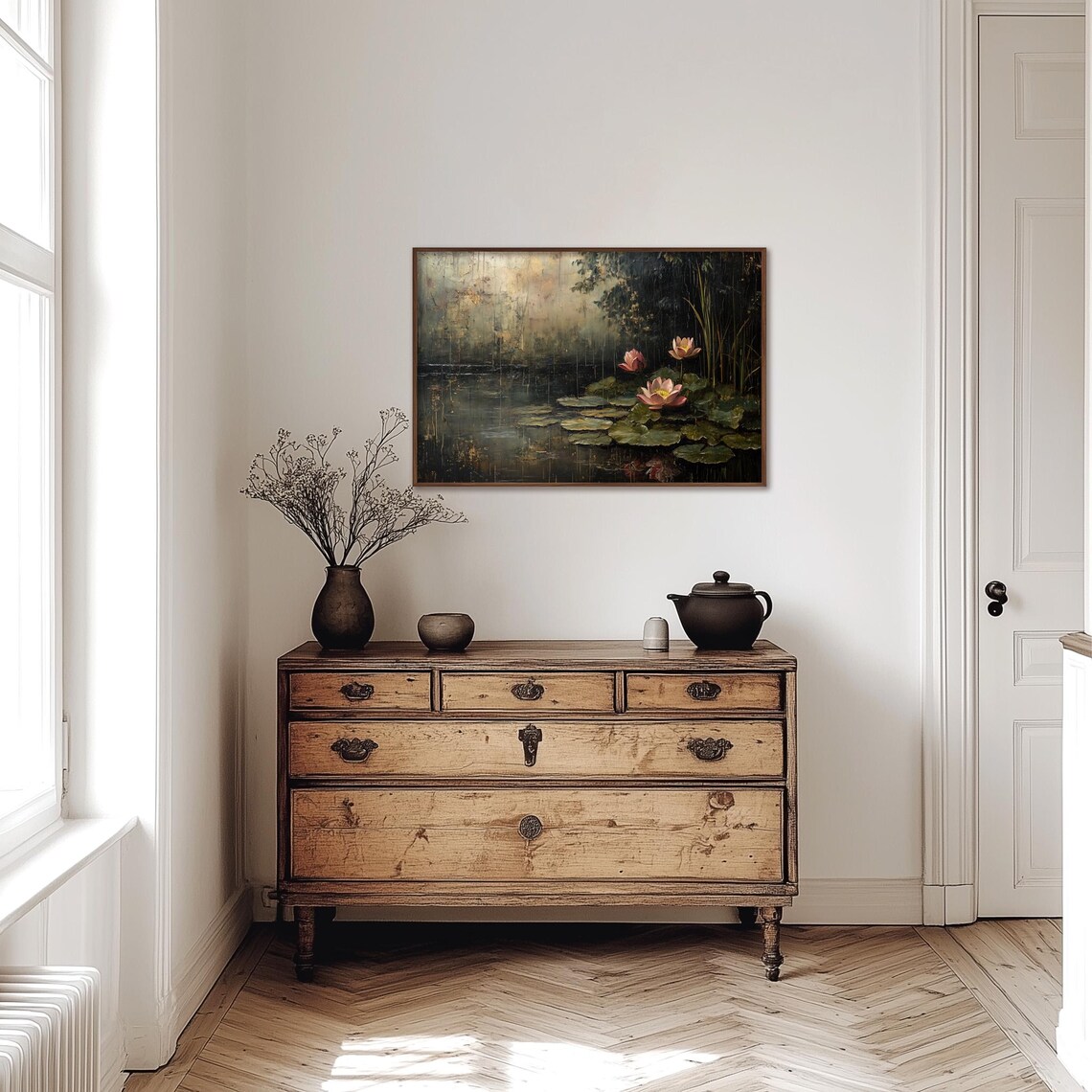 Pink Water Lilies on Dark Moody Pond Evening Garden Wall Poster - Image 3
