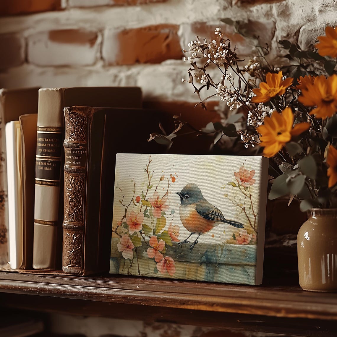 Little Songbird Perched Among Pink Blossoms Watercolor Poster - Image 3