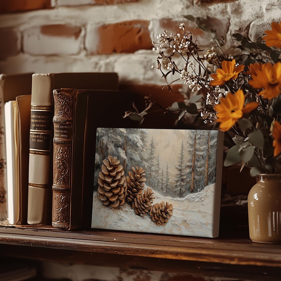 Pine Cones Lying in Snow with a Snowy Forest Behind Winter Poster - Image 4