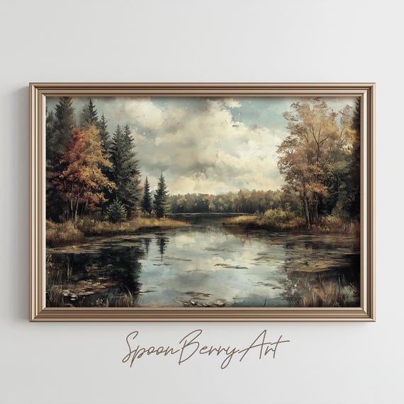 Northern Lake Painting Instant Vintage Wall Decor Custom Art Print Watercolor Oil Moody Country Cabin Landscape