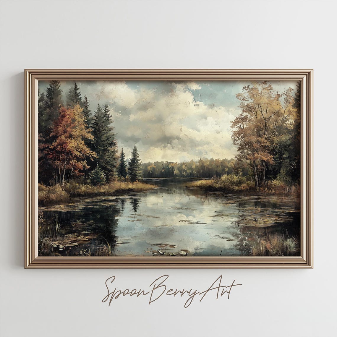 Moody Autumn Lake Forest Landscape With Golden Reflections Poster