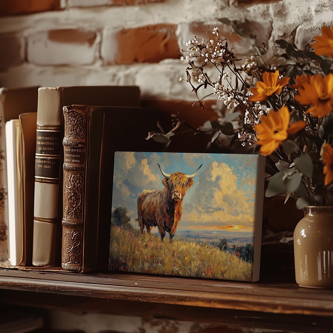 Highland Cow Painting Moody Cowboy Wall Print Highland Cow Print Wall Decor Cow Wall Art Farm Oil Painting Barn Art - Image 3