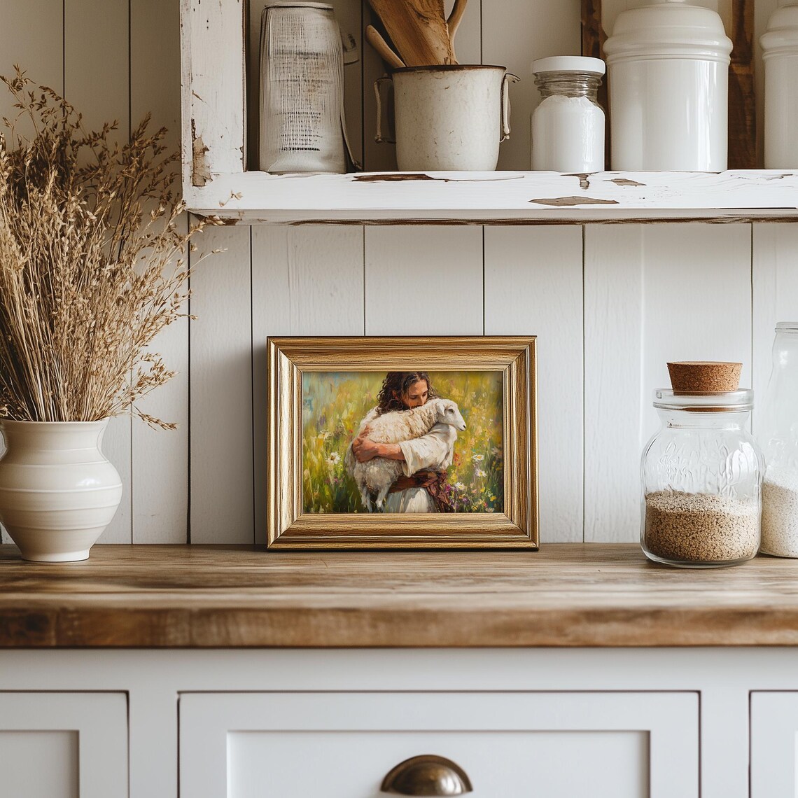 Jesus Holding A Lamb In Wildflower Field Religious Painting Poster - Image 5