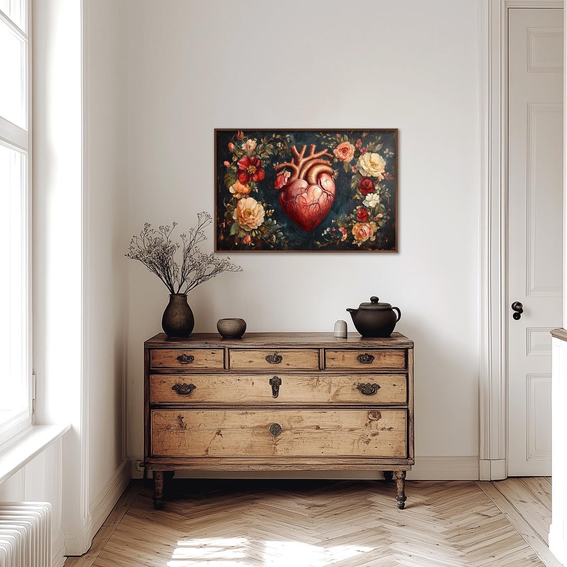 Heart Painting Anatomical Human Heart Wall Print Medical Print Wall Decor Floral Wall Art Dark Moody Oil Painting Art - Image 3