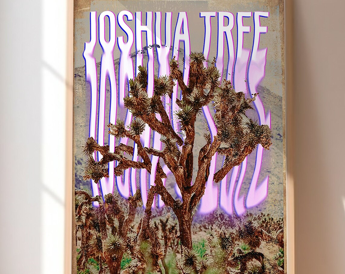 Joshua Tree Desert Photo Wavy Neon Lettering Southwest Wall Art