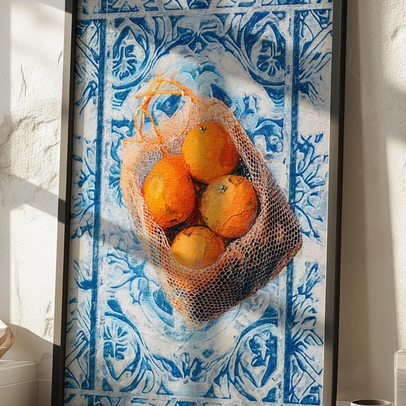 Mediterranean Citrus Still Life Print Rustic Orange And Blue Tile Wall Art For Kitchen Decor Instant Vintage Fruit Painting
