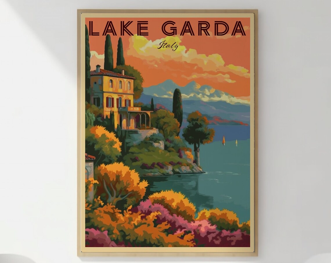 Lake Garda Italy Lakeside Villa Retro Sunset Vintage Travel Poster - Image 3