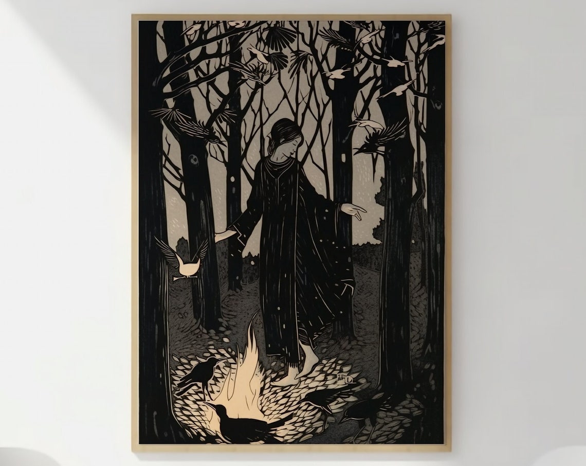 Corvid Night Gathering With Crows and a Campfire Woodcut Style Poster