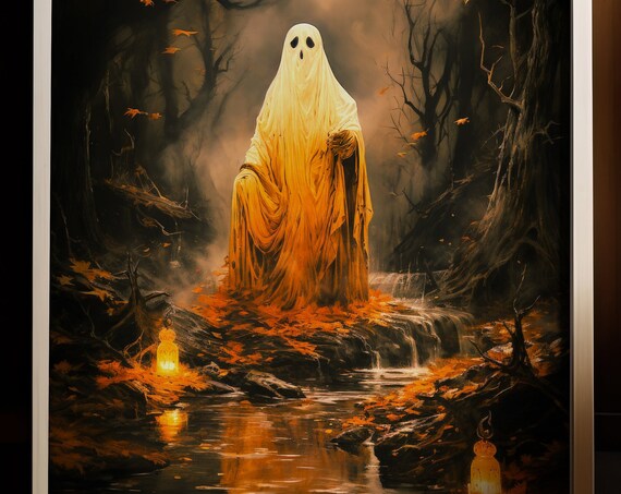 Glowing Sheet Ghost by a Waterfall in an Autumn Forest Poster