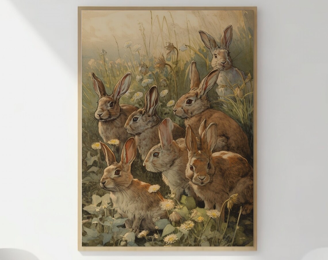 Seven Brown Bunnies in a Spring Meadow Watercolor Garden Scene Poster