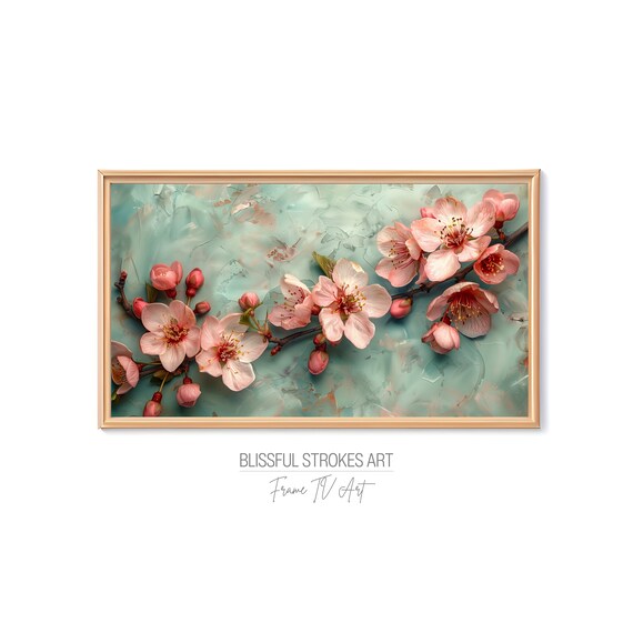Pink Sakura Blossom Mint Textured Spring Branch Painting Art Print
