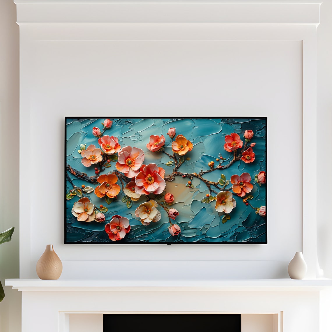 Cherry Blossom Branch Textured Impasto Teal Sakura Painting Print - Image 3