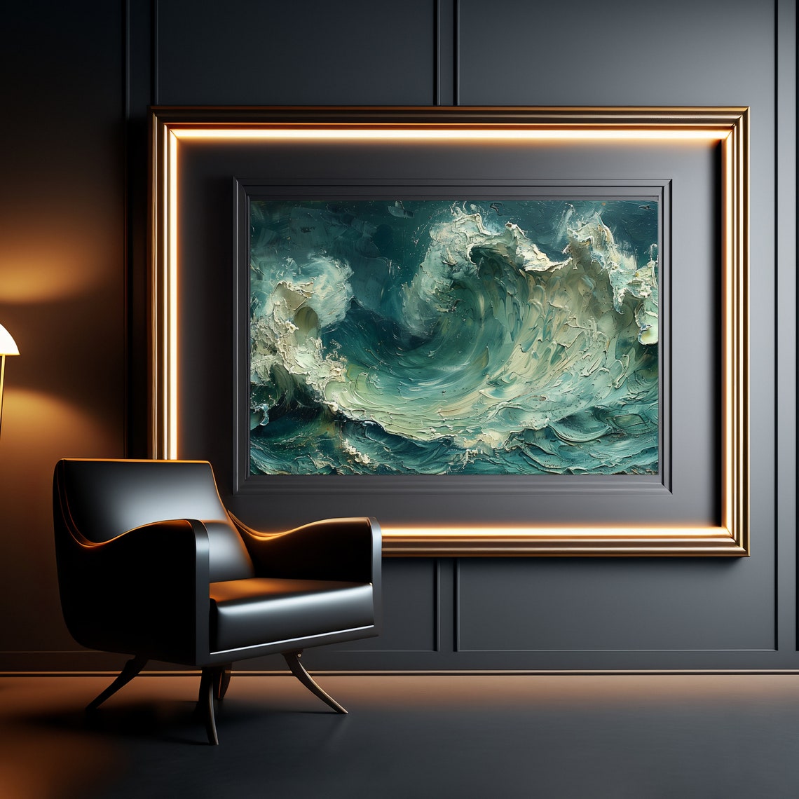 Dark Teal Ocean Wave Dramatic Impasto Textured Seascape Poster - Image 3