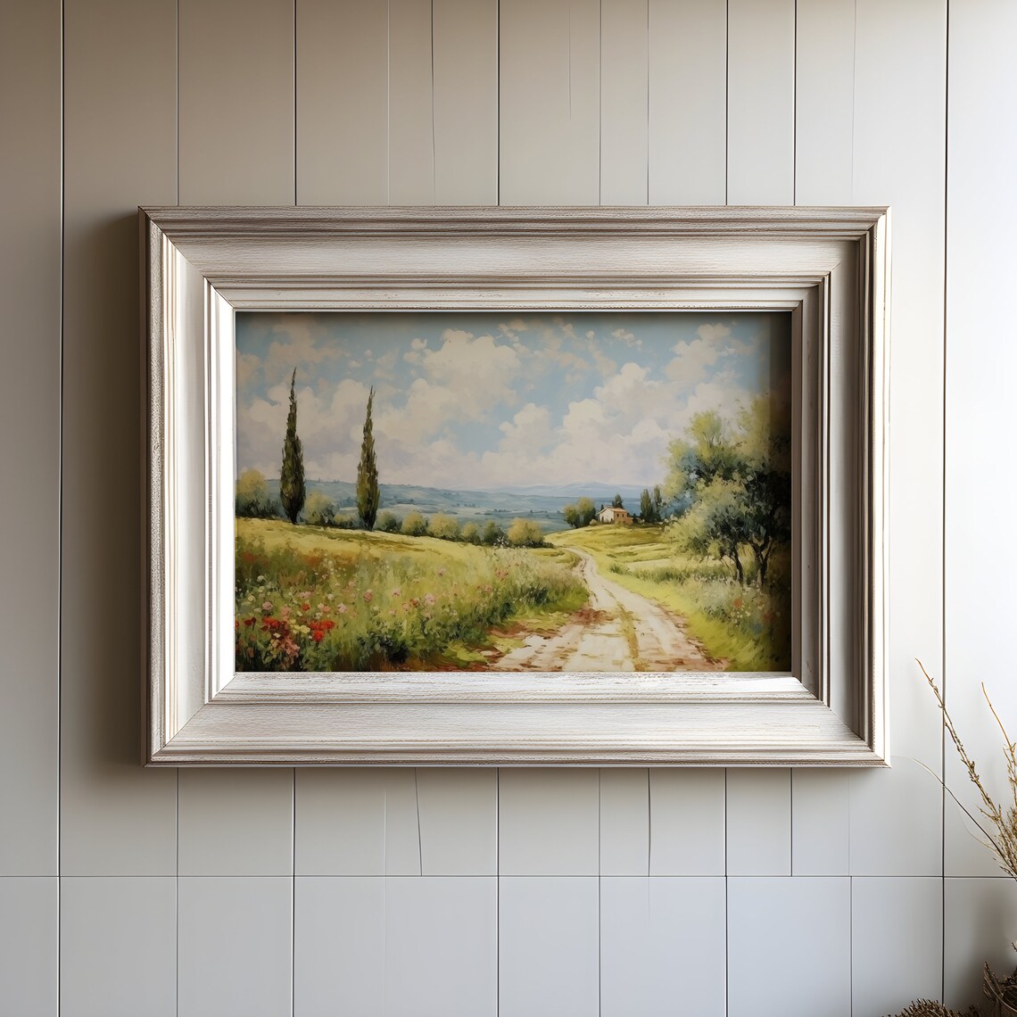 Sunny Tuscan Cypress Country Road Farmhouse Vintage Oil Painting Print - Image 2