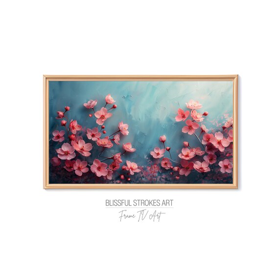 Pink Cherry Blossom Branches Textured Teal Background Art Print