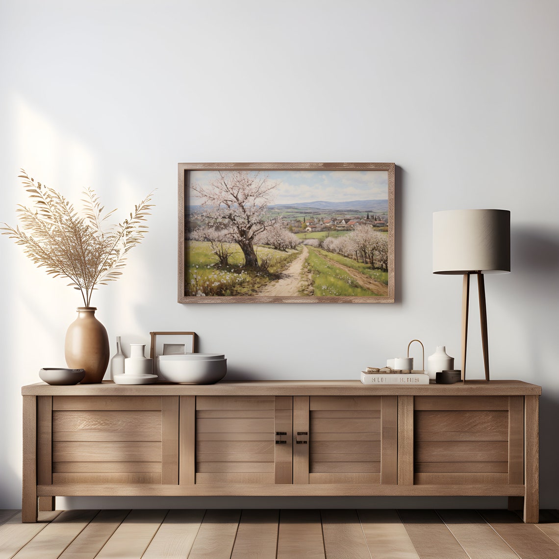 Orchard In Bloom Spring Landscape Village Path Vintage Painting Poster - Image 3