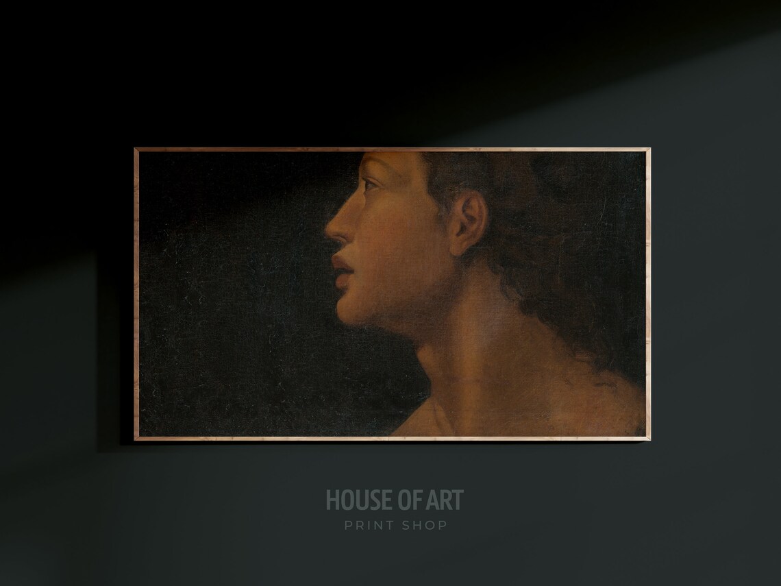 Classic Profile Portrait Uplifted Gaze Dark Chiaroscuro Vintage Art Print - Image 3