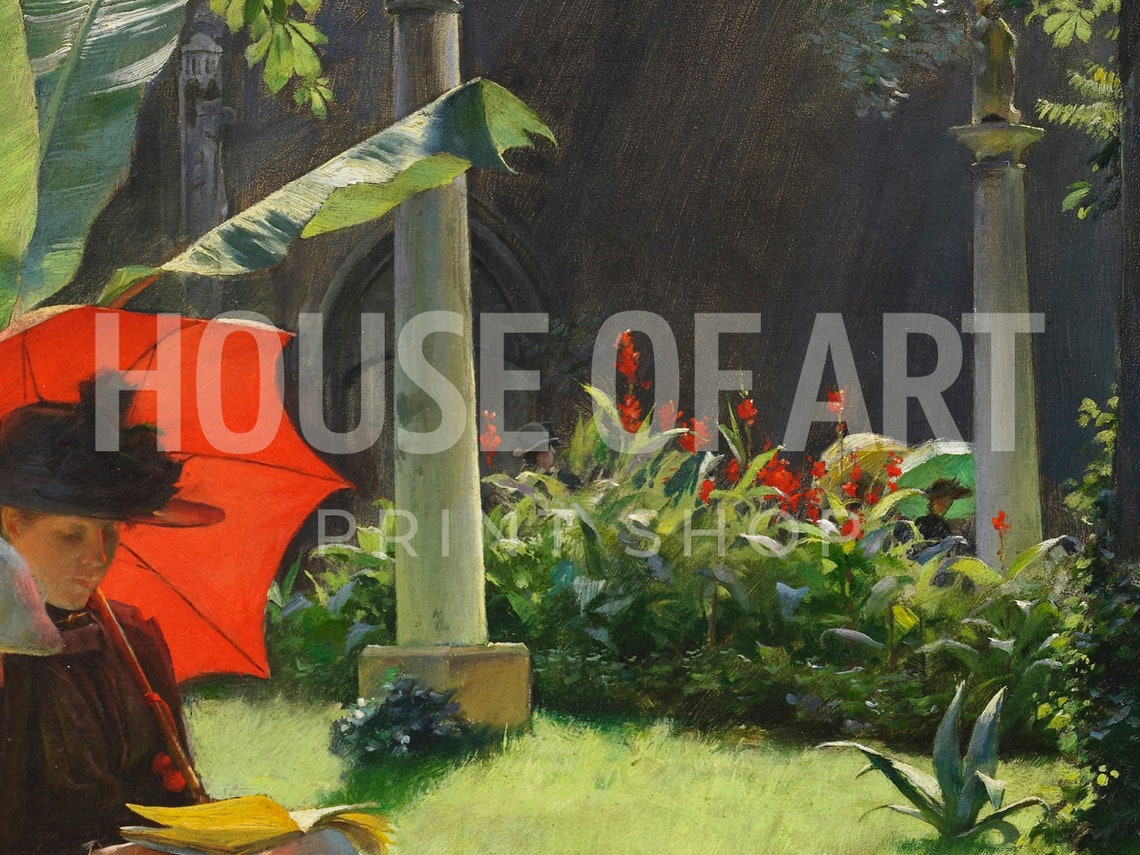 Women In Cluny Garden Artwork Red Parasol Sun Shade Instant Print Summer French Fashion Portrait Oil Painting - Image 2
