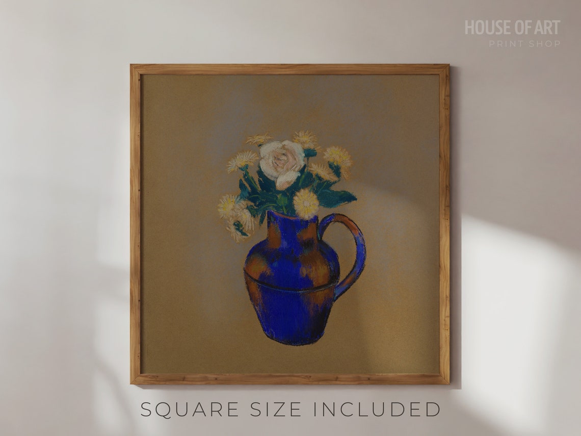 White Rose Bouquet In Blue Cobalt Jug Floral Still Life Art Print - Image 2