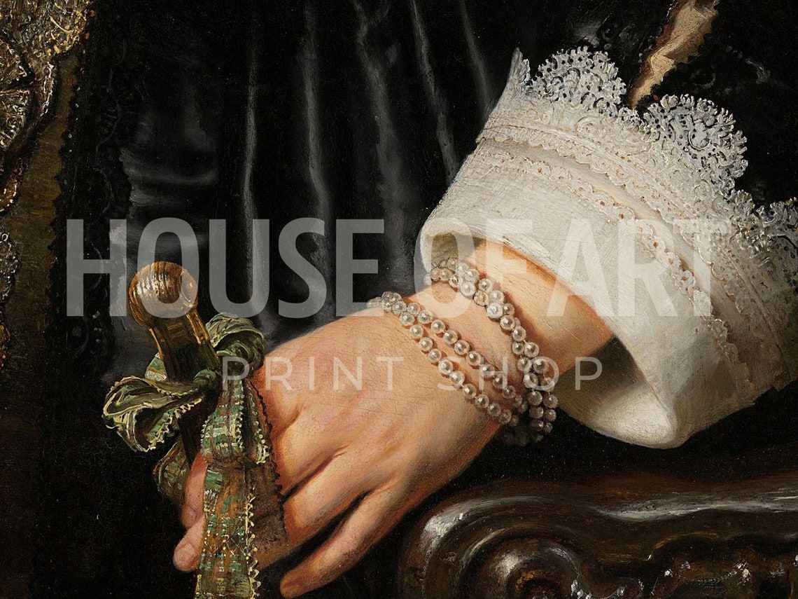 Antique Hands Detail Artwork Pearl Bracelet Rich Lace Instant Print Woman Fan With Ribbon Close Up Oil Painting - Image 2