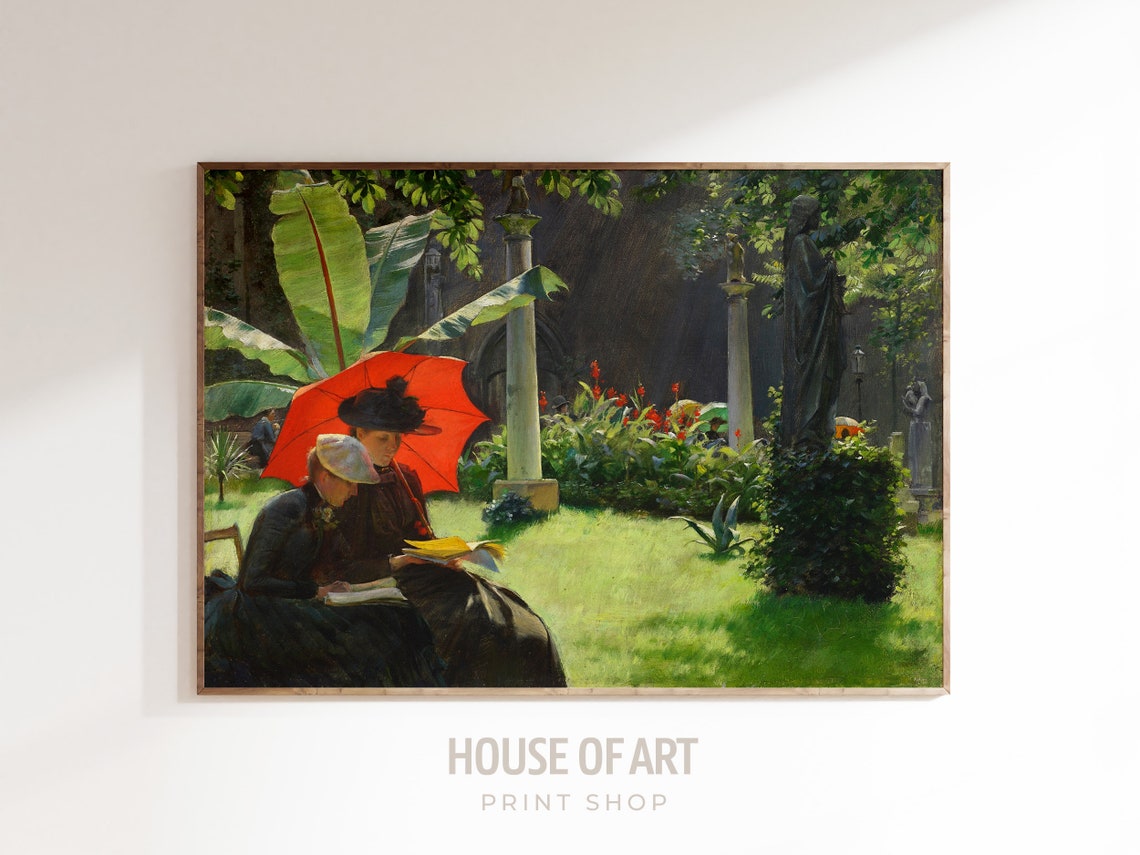 Women In Cluny Garden Artwork Red Parasol Sun Shade Instant Print Summer French Fashion Portrait Oil Painting - Image 3