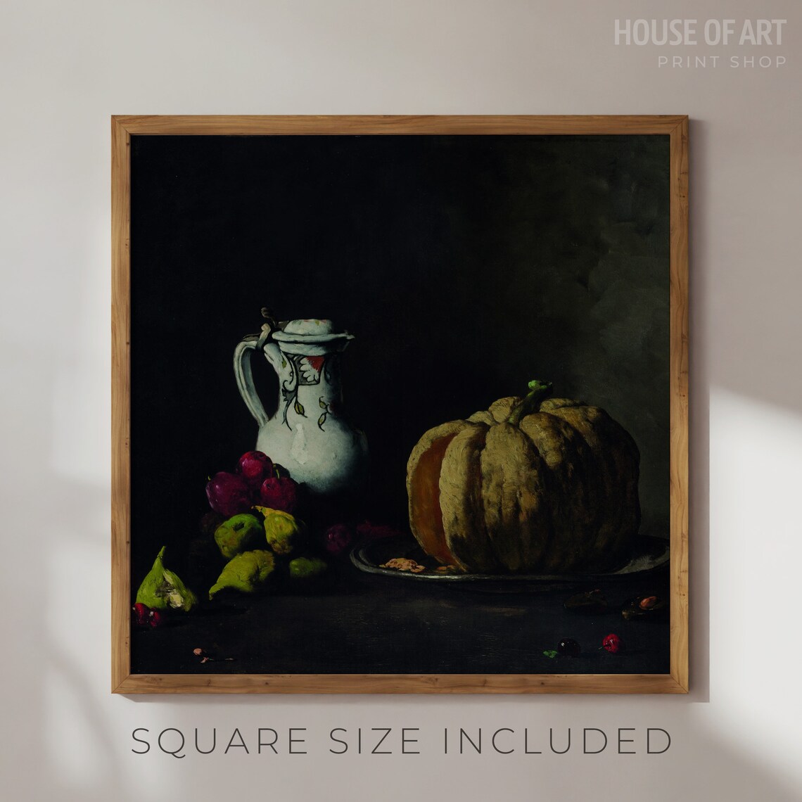 Moody Still Life With Pumpkin Jug And Plums Dark French Oil Painting Print - Image 2