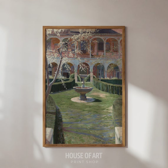 Spanish Garden Print Cottage Garden Vintage Oil Painting Cottagecore Wall Art Decor Farmhouse Print