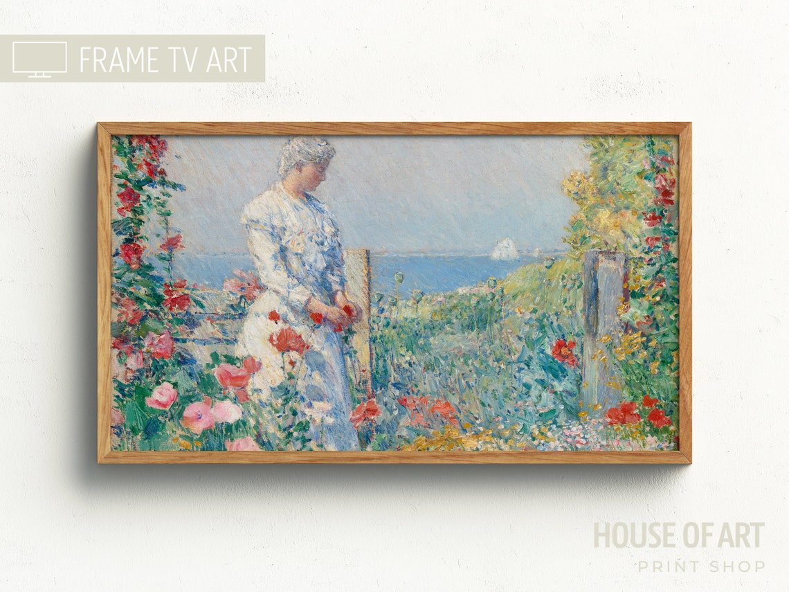 Frame Tv Art 4k Vintage In The Garden Oil Painting Blooming Flowers By The Sea Woman In White Dress Standing In The Sun - Image 3