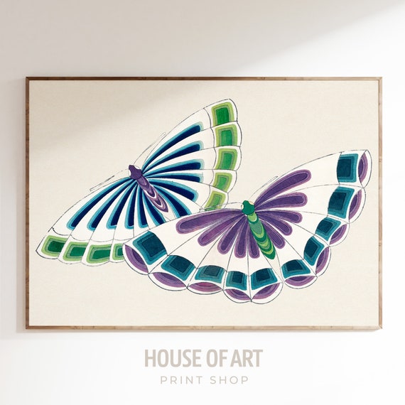 Large Butterflies Illustration Japanese Color Woodcut Print Two Big Flying Butterflies Vintage Gallery Wall Print Wall Art