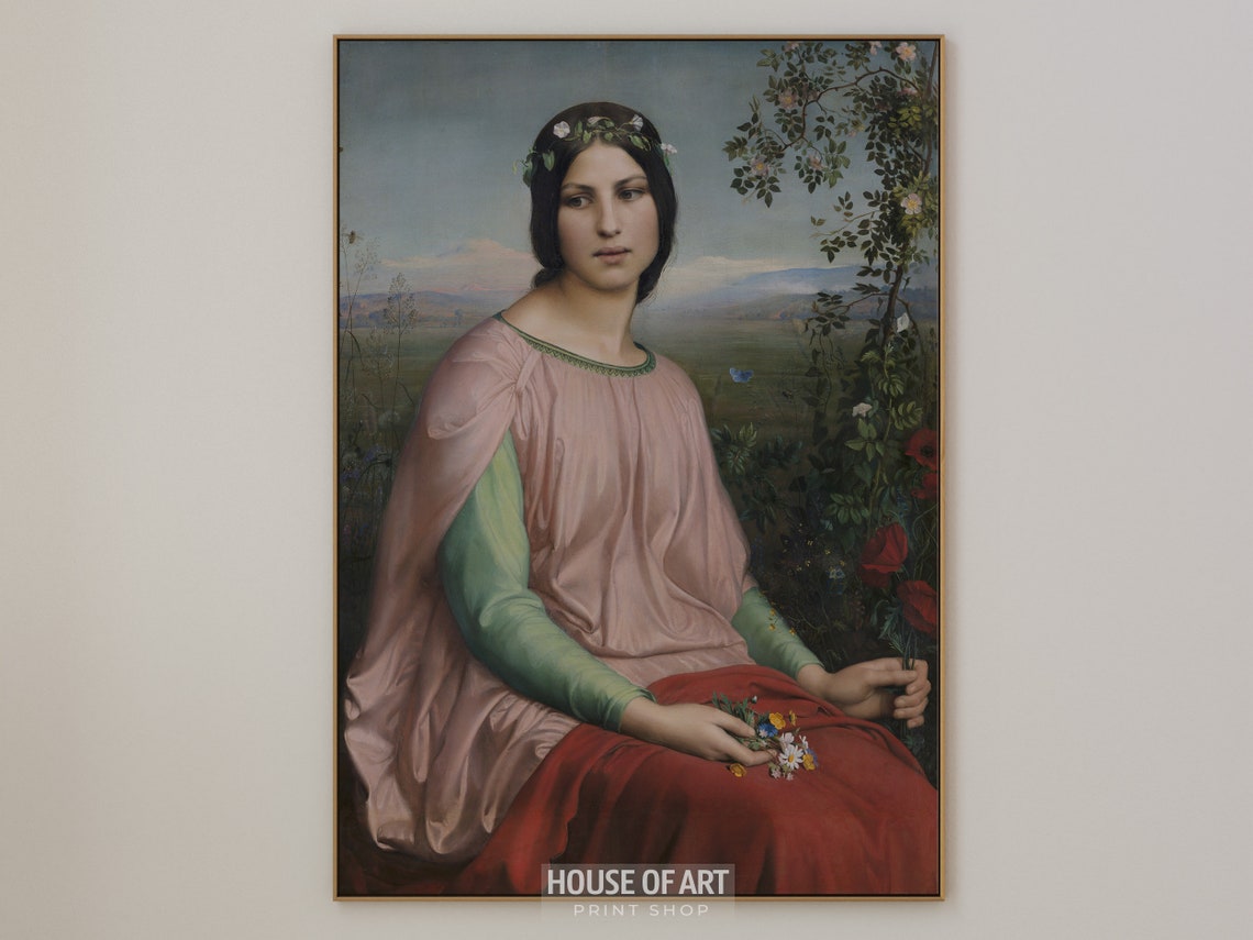 Vintage Female Portrait Print Young Woman Sitting With Flower Bouquet Antique Oil Painting Wall Art