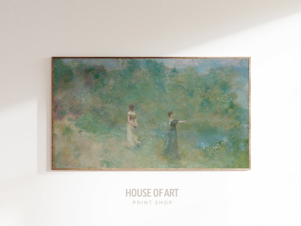Frame Tv Art 4k Vintage Summer Scene Oil Painting Women By The Lake Romantic Landscape Two Girls Wild Garden Green Field - Image 3
