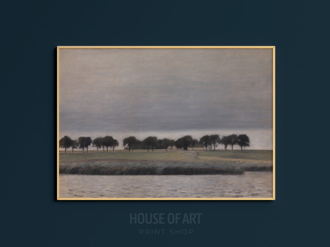 Moody Minimalist Gray Landscape Tree Line Water Cloudy Sky Oil Poster - Image 3
