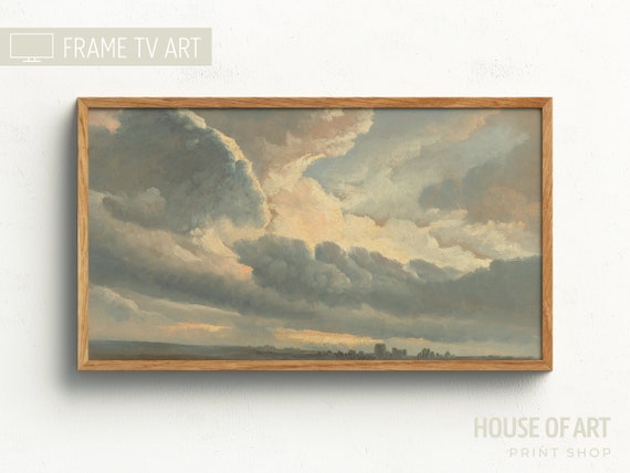 Vintage Frame Tv Art Clouds Painting Neutral Country Farmhouse Art For Tv Sunset Warm Tones Decor Frame Tv Art