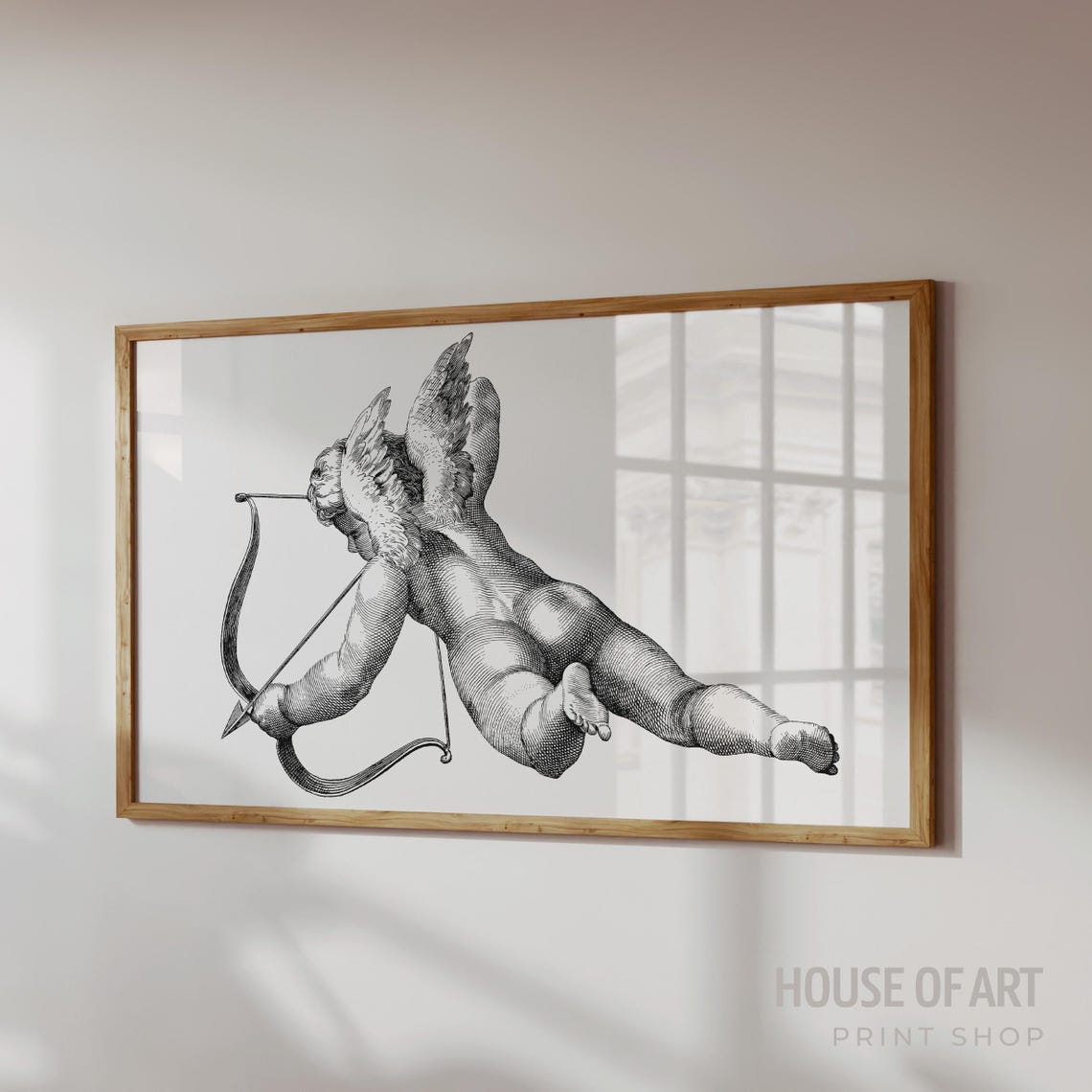 Vintage Cherub With Bow And Arrow Black Engraving Angel Art Print