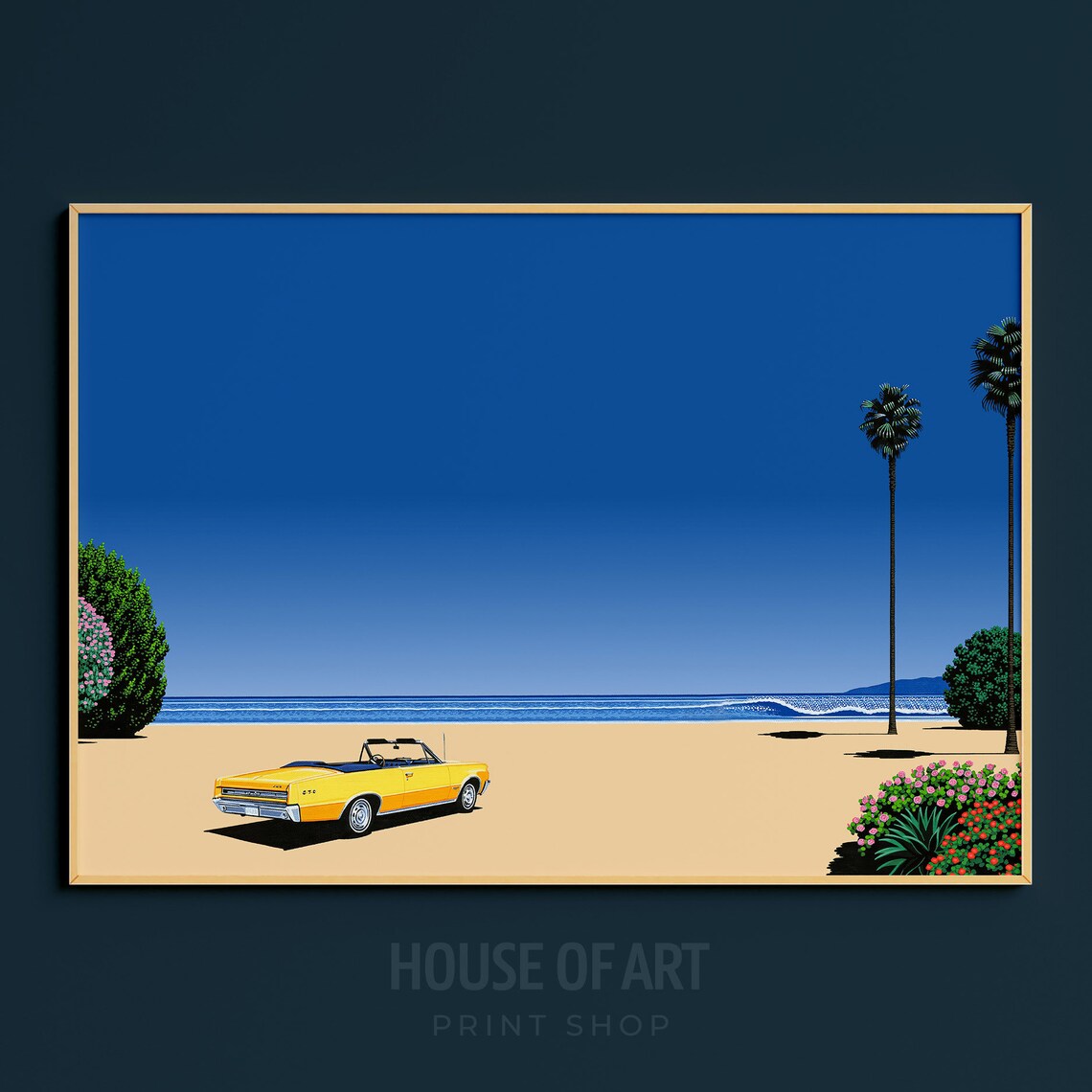 Retro Beach Yellow Convertible Classic Car Palm Trees City Pop Art Poster - Image 3