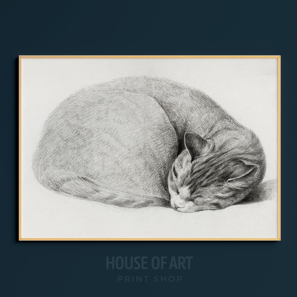 Sleeping Cat Curled Up Pencil Sketch Vintage Feline Art Print - Image 3