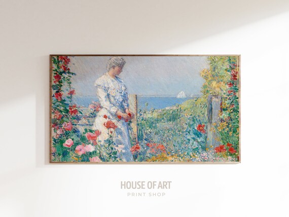 Woman White Dress Seaside Flower Garden Red Poppies Coastal Poster
