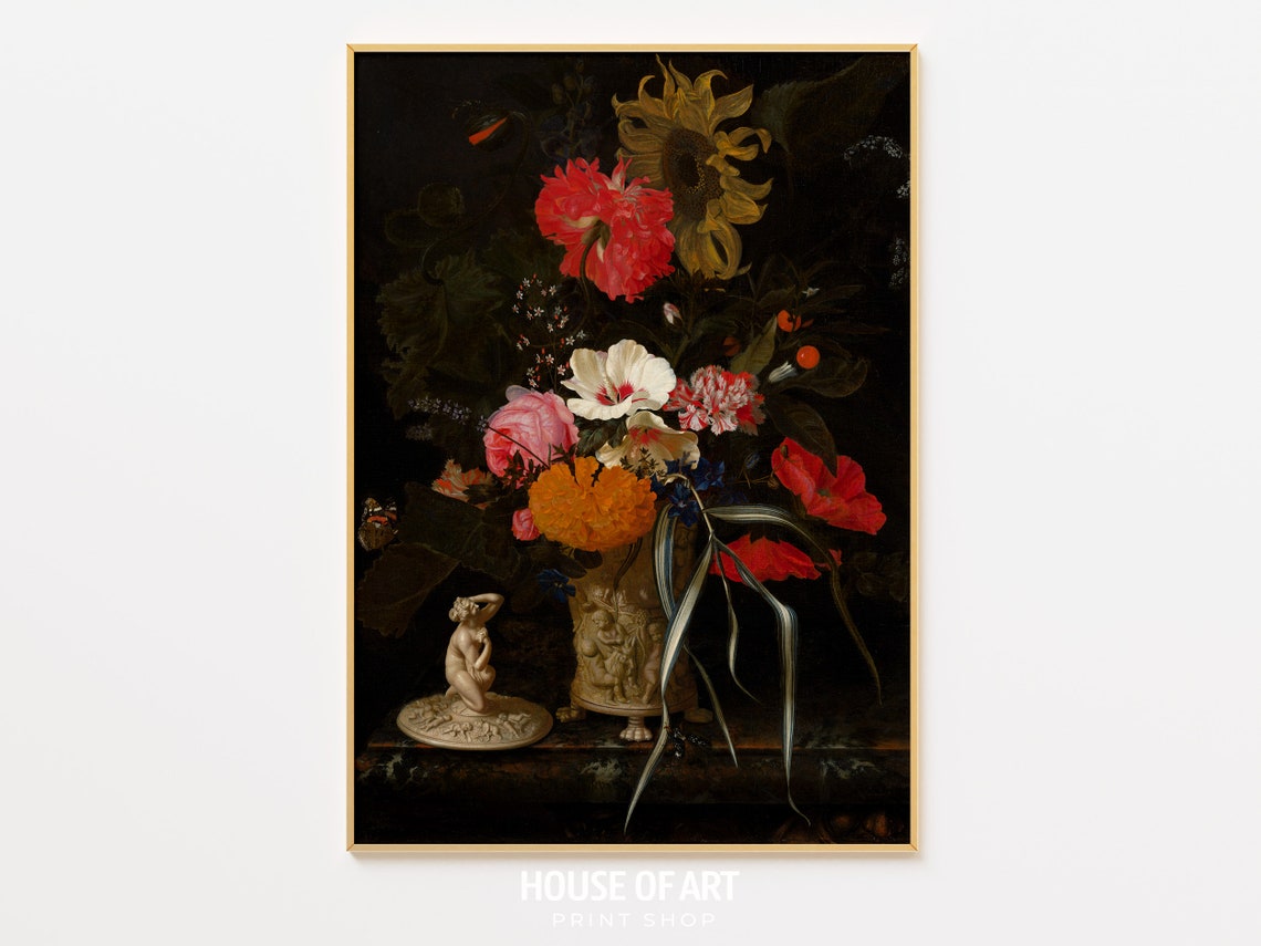 Baroque Flower Bouquet Sunflower Poppy Vase Dark Still Life Art Poster - Image 3