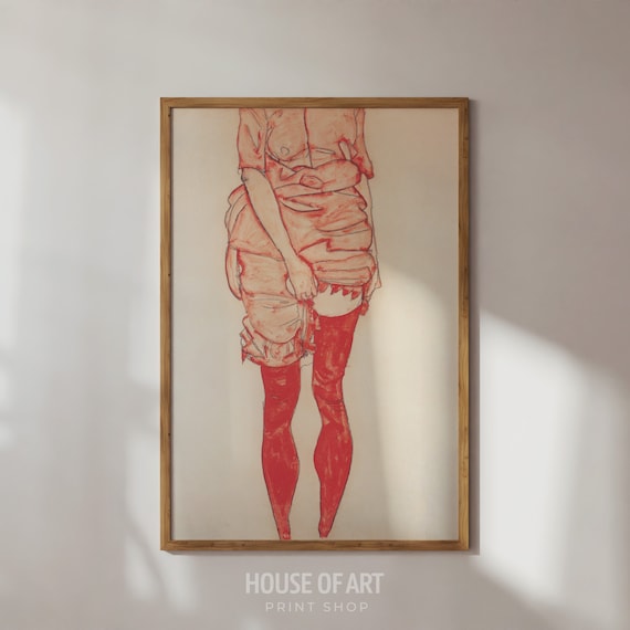 Woman In Red Art Print Feminine Wall Standing Girl Painting Expressionist Drawing Gallery