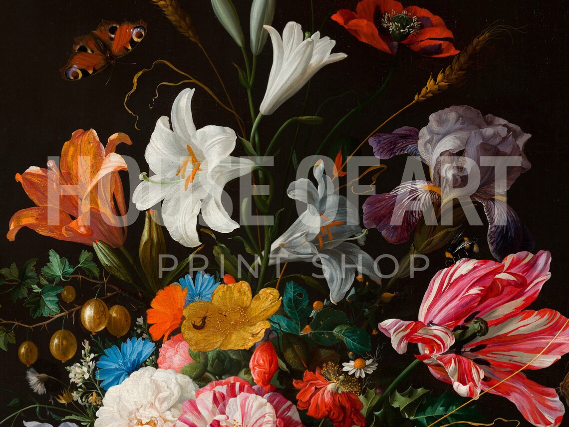 Lavish Dutch Still Life Blue Vase Berries Antique Floral Print - Image 2