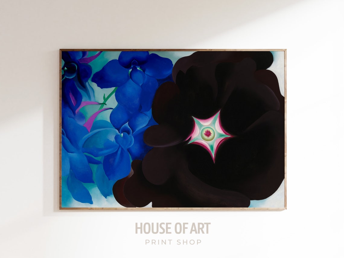 Georgia OKeeffe Style Black Hollyhock Blue Larkspur Flower Art Print