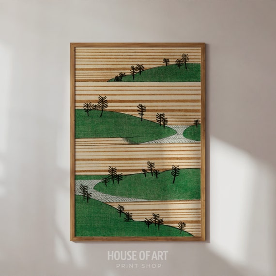 Landscape Illustration Vintage Japanese Print Trees And Hills Print Earth Tones Wall Art Minimal Gallery Wall Print Wall Art