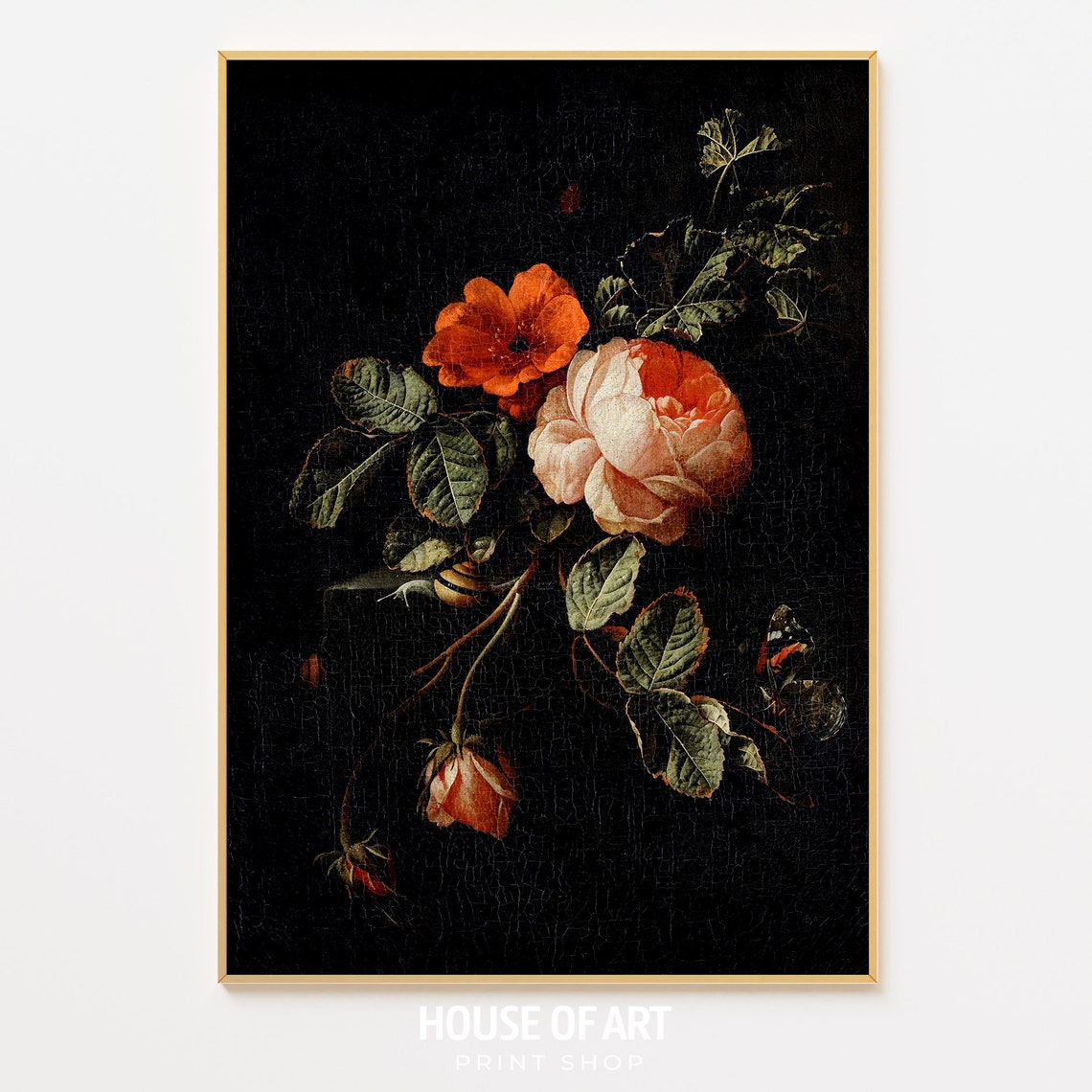 Dark Gothic Floral Red Poppy Pale Rose Black Background Oil Poster - Image 2