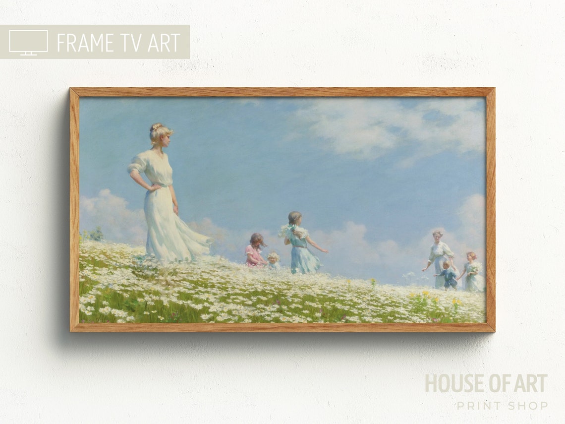 Frame Tv Art 4k Vintage Portrait Of A Family In A Field Oil Painting Playing Summer Sun Artwork Dreamy Blooming Lawn Kids