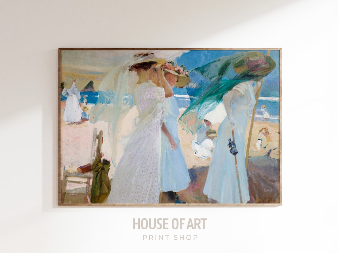 Women In White Dresses Windy Beach Day Summer Scene Art Poster - Image 3