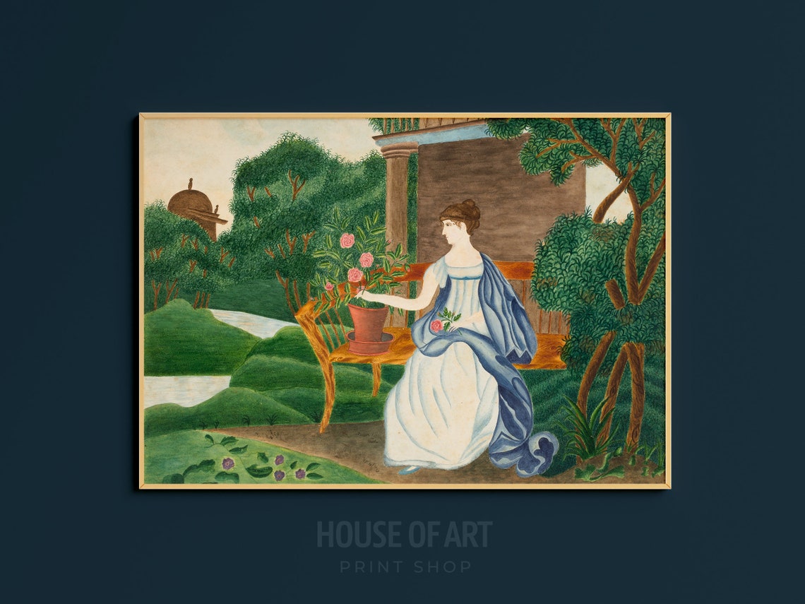 Woman In A Garden Pink Roses Painting Antique Painting Woman Vintage Art Cottage Garden Print Roses Painting Wall Art - Image 3