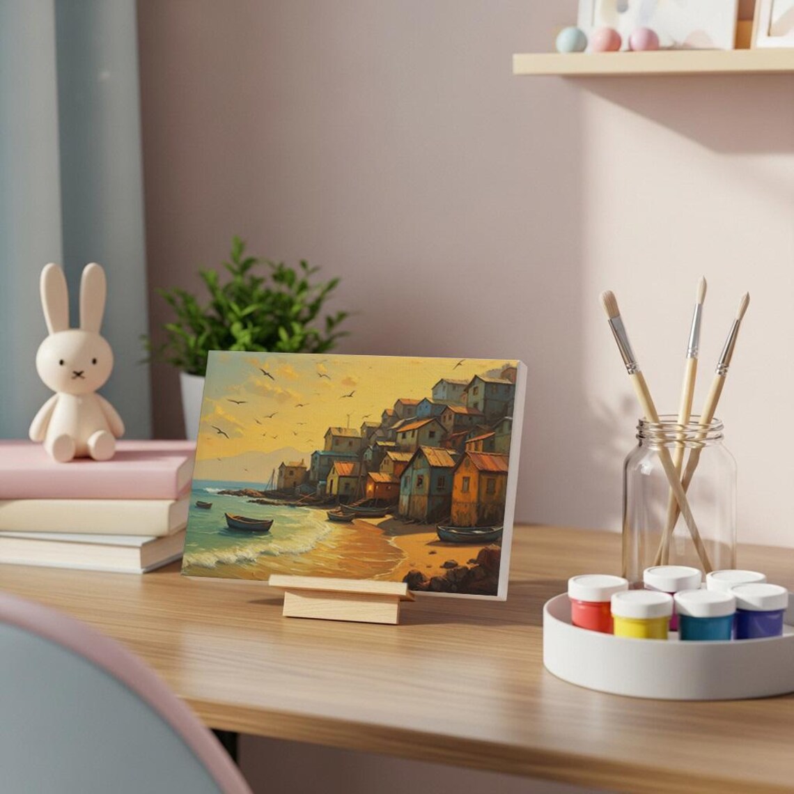 Seaside Village on Hillside Fishing Boats Sunset Oil Painting Poster
