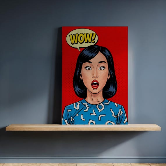 Pop Art Woman Canvas Wall Comic Style Portrait With Wow Speech Bubble Bold Red Background Framed Retro Print For Modern Home Decor